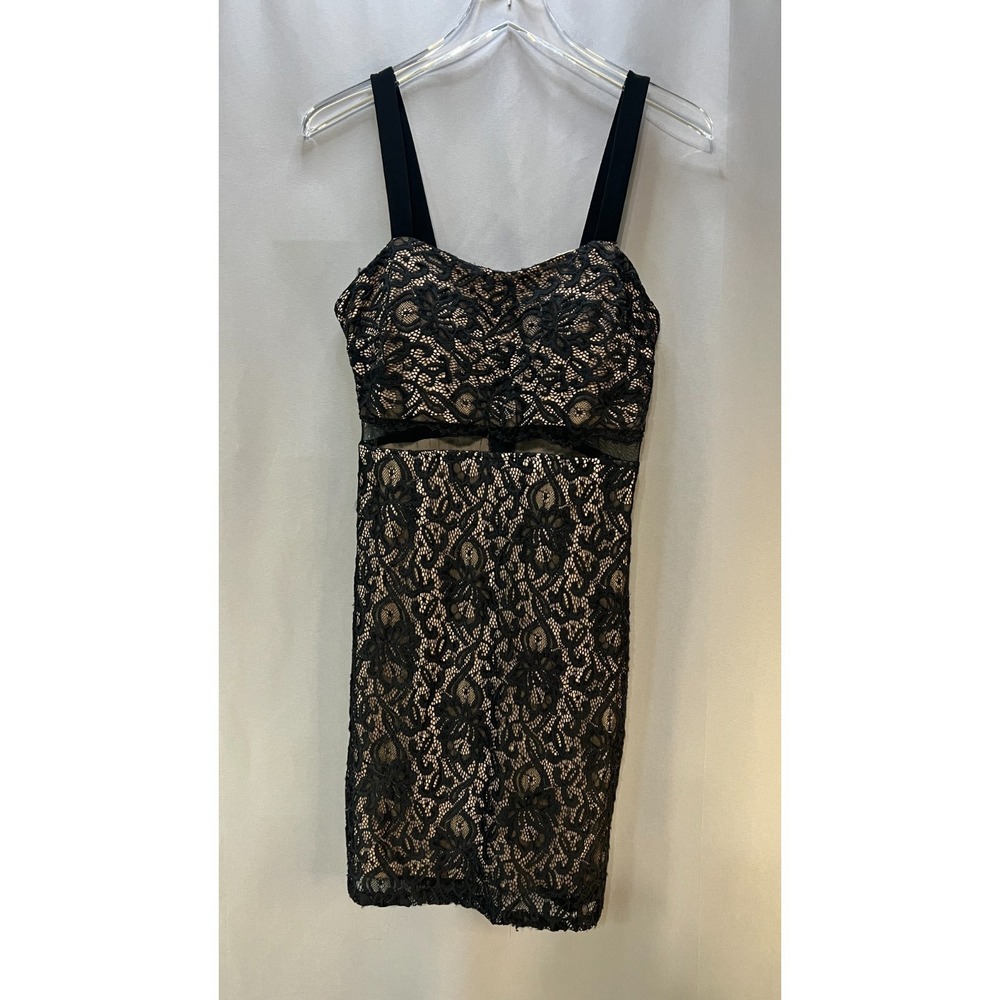 Sequin Hearts Mini Dress Womens 11 Black Nude Floral Illusion Waist Bodycon Lace